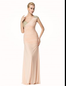 Attractive Mermaid One Shoulder Peach Sleeveless Beading and Ruching Floor Length Homecoming Dress