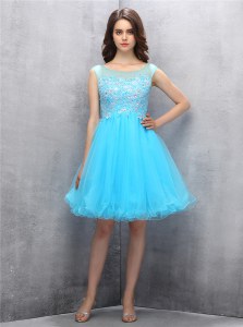 Sweet Scoop Knee Length Blue Evening Dress Tulle Sleeveless Beading and Appliques