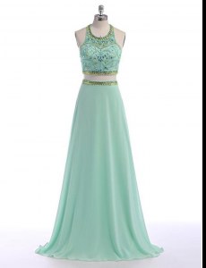 Apple Green Prom and For with Beading Scoop Sleeveless Sweep Train Criss Cross