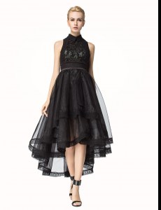 Edgy Black Zipper Dress for Prom Lace Sleeveless Asymmetrical