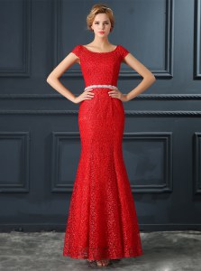 Scoop Red Mermaid Beading Homecoming Dress Lace Up Lace Cap Sleeves Floor Length