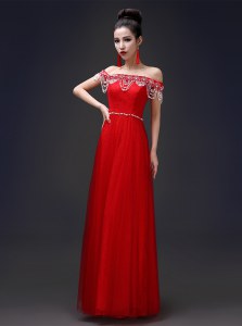 Off The Shoulder Sleeveless Prom Dresses Floor Length Beading Red Tulle and Lace