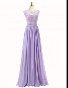 Simple Scoop Lace Prom Dresses Lavender Zipper Sleeveless With Train Sweep Train