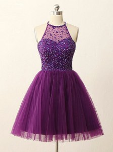 Fabulous Halter Top Purple Sleeveless Mini Length Beading and Sequins Zipper Evening Dress