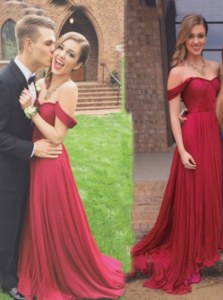 Off The Shoulder Sleeveless Prom Party Dress Floor Length Ruching Burgundy Chiffon