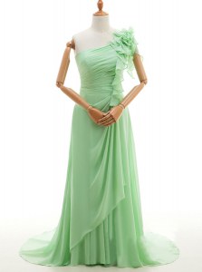 One Shoulder Sleeveless Sweep Train Lace Up Prom Party Dress Green Chiffon