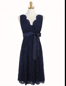 Dazzling Lace Navy Blue V-neck Zipper Sashes ribbons and Bowknot Dress for Prom Sleeveless