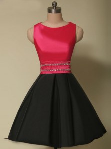 Chic Scoop Mini Length Lace Up Prom Gown Red And Black for Prom with Beading