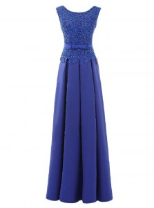 Dynamic Scoop Sleeveless Satin Floor Length Zipper Dress for Prom in Blue with Lace and Belt