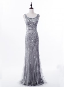 Mermaid Square Grey Satin and Tulle Zipper Prom Party Dress Sleeveless Brush Train Beading and Sequins