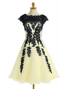 Deluxe Light Yellow Prom Gown Prom and Party and For with Appliques Scalloped Cap Sleeves Zipper