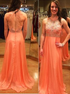 Scoop Sleeveless Brush Train Backless Prom Party Dress Orange Chiffon
