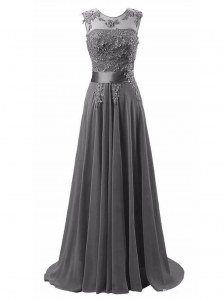 Sophisticated Brush Train A-line Dress for Prom Grey Scoop Chiffon Sleeveless Lace Up