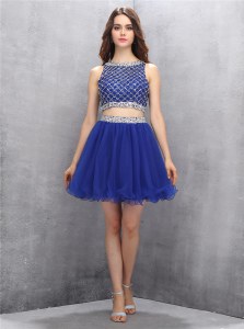 Scoop Beading Prom Party Dress Royal Blue Side Zipper Sleeveless Mini Length