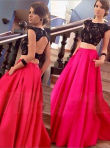 Scoop Red Backless Prom Dresses Lace Cap Sleeves Floor Length