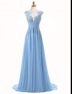 Beautiful Scoop Light Blue Chiffon Zipper Homecoming Dress Sleeveless With Brush Train Appliques