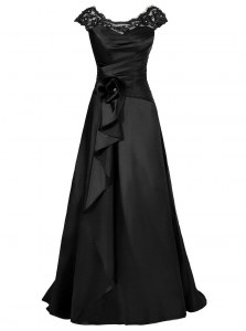 Floor Length Black Prom Dresses Scoop Cap Sleeves Zipper