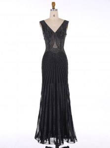 Black Mermaid V-neck Sleeveless Chiffon Floor Length Zipper Sequins Evening Party Dresses