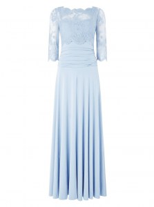 Glittering Floor Length A-line 3 4 Length Sleeve Light Blue Prom Dress Zipper