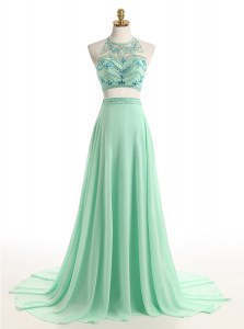 Vintage Halter Top Apple Green Zipper Dress for Prom Beading Sleeveless Brush Train
