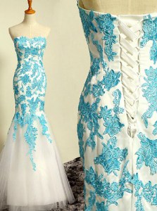 Traditional Blue and Blue And White Mermaid Tulle Sweetheart Sleeveless Appliques Floor Length Lace Up Prom Party Dress