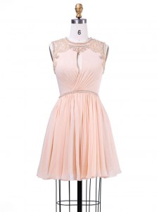 Inexpensive Peach Zipper Scoop Beading and Pleated Evening Dress Chiffon Sleeveless
