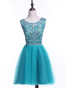Scoop Mini Length Teal Prom Gown Tulle Sleeveless Beading and Sequins
