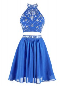 Chiffon High-neck Sleeveless Zipper Beading Prom Dress in Blue