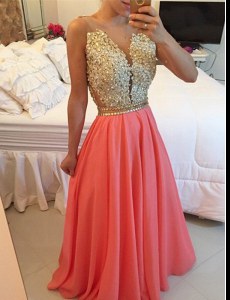 Charming Floor Length A-line Sleeveless Watermelon Red Prom Gown Backless