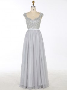 Fitting Floor Length A-line Sleeveless Grey Prom Gown Zipper