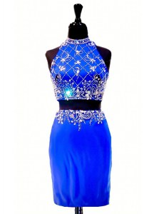 Sleeveless Elastic Woven Satin Mini Length Zipper Prom Dress in Royal Blue with Beading