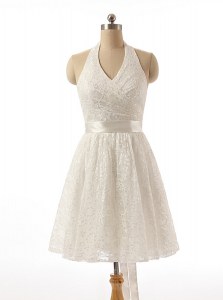 White A-line Sleeveless Lace Knee Length Zipper Lace and Sashes ribbons Cocktail Dress