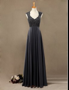 Black A-line Chiffon Scoop Sleeveless Lace Floor Length Zipper Prom Dress