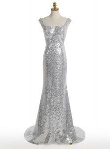 Low Price Mermaid Square Silver Sequined Zipper Prom Dress Sleeveless With Train Sweep Train Sequins