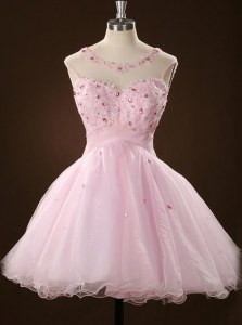 Stunning Pink Zipper Scoop Beading and Appliques Prom Party Dress Tulle Sleeveless