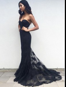 Mermaid Lace Black Sleeveless With Train Appliques Zipper Dress for Prom