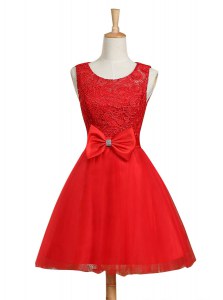 Scoop Red Sleeveless Tulle Lace Up Prom Party Dress for Prom