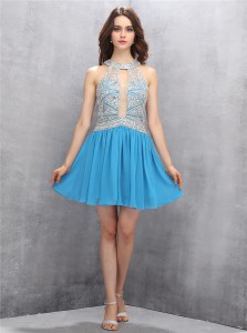 Fine Halter Top Baby Blue Sleeveless Chiffon Zipper for Prom and Party