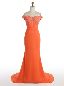 Mermaid Off The Shoulder Sleeveless Prom Dresses With Train Sweep Train Lace Orange Satin