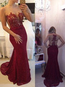 Sexy Mermaid Scoop Beading and Appliques and Bowknot Prom Party Dress Burgundy Zipper Sleeveless With Train Court Train