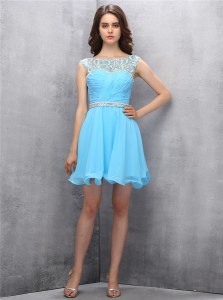 Luxurious Scoop Knee Length Baby Blue Prom Party Dress Chiffon Sleeveless Beading