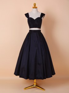 Straps Black Two Pieces Ruching Homecoming Dress Zipper Elastic Woven Satin Sleeveless Tea Length