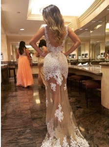 Mermaid Scoop Appliques Dress for Prom Champagne Backless Sleeveless Court Train