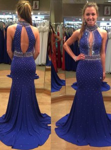 Royal Blue Mermaid Chiffon High-neck Sleeveless Sequins With Train Backless Dress for Prom Court Train