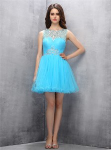 High Class Scoop Sleeveless Mini Length Beading Zipper Prom Dresses with Blue