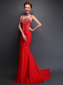 Mermaid Spaghetti Straps Sleeveless Prom Evening Gown With Brush Train Beading Red Satin