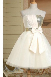 Strapless Sleeveless Satin Prom Party Dress Sequins and Bowknot Lace Up