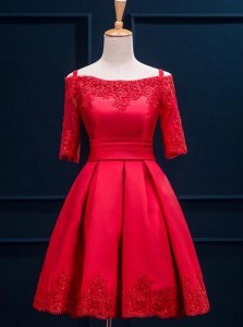 Off the Shoulder Red Half Sleeves Appliques and Pleated Mini Length Prom Gown