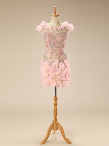Sophisticated Scoop Pink Cap Sleeves Beading and Hand Made Flower Mini Length Cocktail Dress