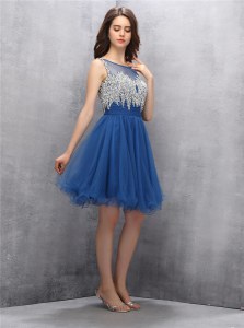 Exceptional Scoop Knee Length Navy Blue Evening Dress Tulle Sleeveless Beading